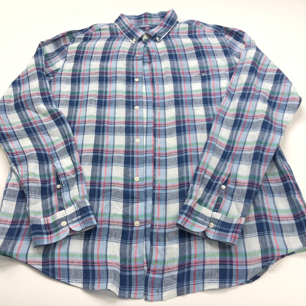 Vineyard Vines SLIM FIT TUCKER XL 100% Linen Long Sleeve Plaid Shirt